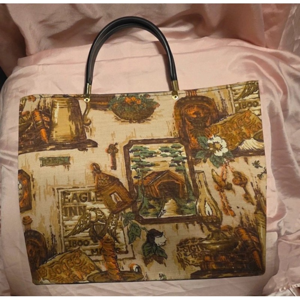 Vintage Tapestry Tote Bag Americana Rustic Covered Bridge Eagle Inn Handbag Tan